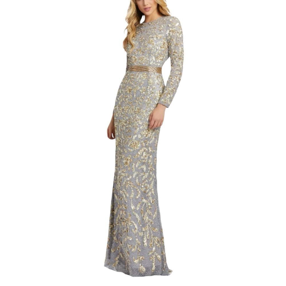 NWT Mac Duggal 4316D Long Sleeve Embellish Sequin Gown 2 in Platinum Gold